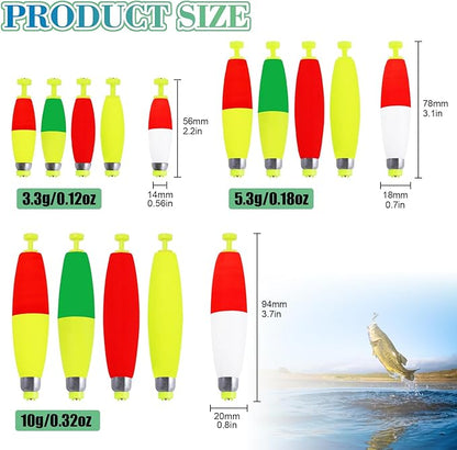 Weighted Fishing Bobbers 10-Pack - Slip Bobbers for Catfish, Panfish with Spring-Loaded Clip & Bottom Weight | 3 Sizes & 5 Multi-Color Styles (EVA Foam Floats)
