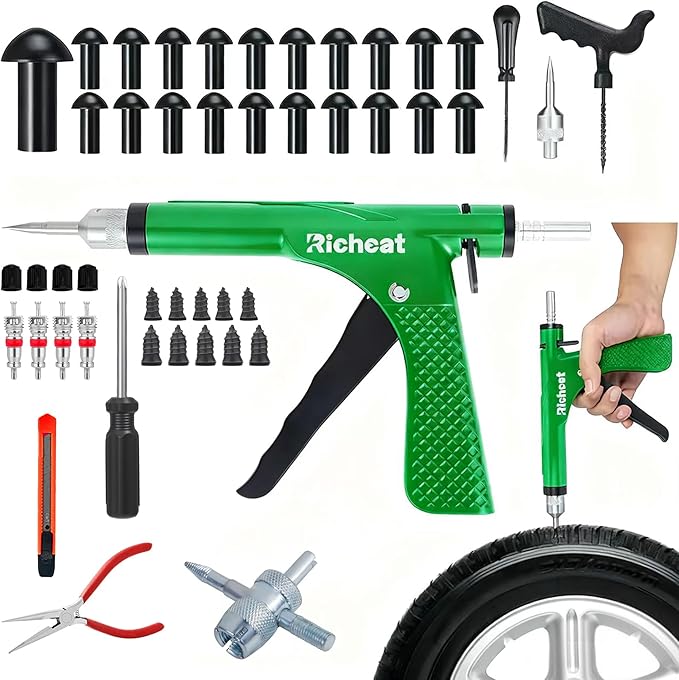 Richcat Tubeless Tire Puncture Repair Kit with Mushroom Plug, Repairs punctures and Flat Tires for Motorcycles, Cars, Trucks, ATVs,Gun Puncture Repair Kit