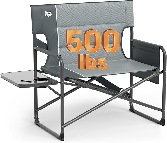 Timber Ridge XXL Foldable Directors Chair with Side Table, Extra Wide Camping Chairs for Adults Heavy Duty Supports 500 lbs, Oversized Folding Lawn Chair for Picnic Beach Sports Fishing, Grey