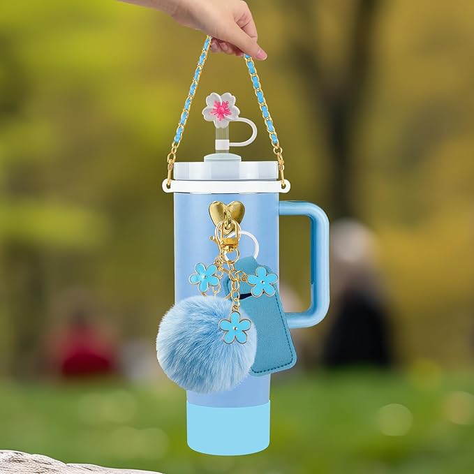 Velaco 11 PCS Accessories for Stanley Cup, Water Bottle Handle Strap for Stanley 30/40 oz tumbler with handle, including Straw Toppers, Silicone Cup Boot, Keychain Charms - Blue