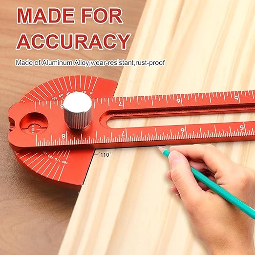 Woodworking Ruler, Adjustable Mark Angle & Straight line Scribe, Precision Pocket Ruler Metal Metric & Inch Portable Slide Rule Woodworking Tool T Square with Protractor Angle Finder (red in 3pcs)
