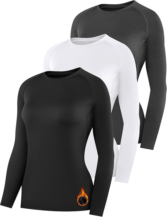 Womens Thermal Compression Long Sleeve Shirts Fleece Lined Tops Crew Neck Slim Fit Base Layer Ladies Underwear