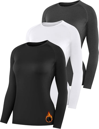 Womens Thermal Compression Long Sleeve Shirts Fleece Lined Tops Crew Neck Slim Fit Base Layer Ladies Underwear