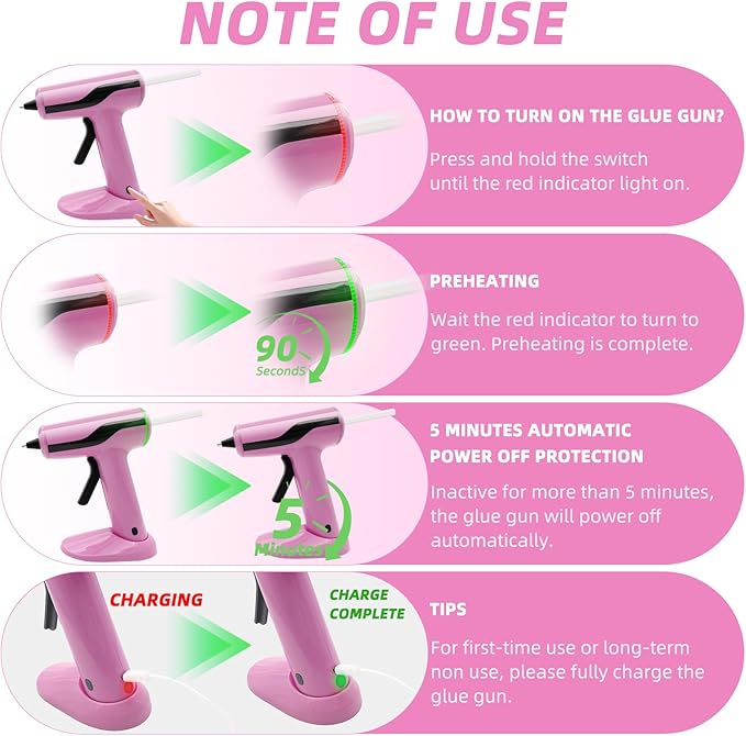 Cordless Hot Glue Gun Kit with 30pcs Mini Glue Sticks, USB Rechargeable Mini Glue Gun with Carrying Case, Stand-Up Base, Smart Power-Off Hot Melt Glue Gun for Crafting, Pink
