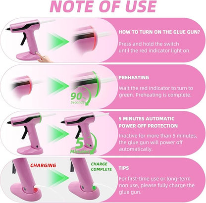 Cordless Hot Glue Gun Kit with 30pcs Mini Glue Sticks, USB Rechargeable Mini Glue Gun with Carrying Case, Stand-Up Base, Smart Power-Off Hot Melt Glue Gun for Crafting, Pink