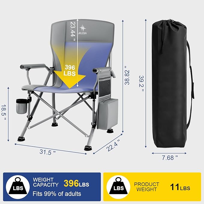 XL Heavy Duty Camping Chair 396lb Capacity (525lb MAX) - Waterproof 1680D Oxford - Oversized 2" Thick Padded Seat with Cup Holder & Cooler - Portable for Camping, Beach, Tailgating Slate/Navy
