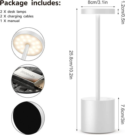 2Pack Cordless Table Lamp, Rechargeable LED Battery 5000mAh Metal USB Portable Powered Desk Lamp, 3 Levels Brightness Light for Restaurants Outdoor (2 Pack 10.25in White)