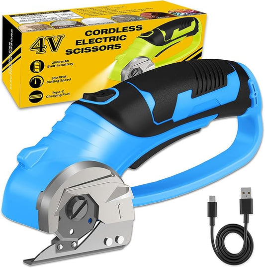 Cordless Electric Scissors, 4V Box Cutter & Cardboard Cutter with Upgrade Blade, LED Light, Safety Lock - Rechargeable Rotary Cutter for Fabric, Leather, Plastic, Crafting, Sewing, Industrial (Blue)