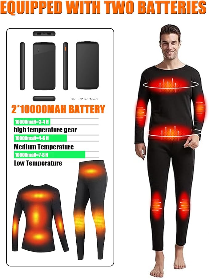 Heated Thermals Underwear Set for Men 8 Heating Zones Heated Pants and Shirt with 2 * 10000mAh Battery