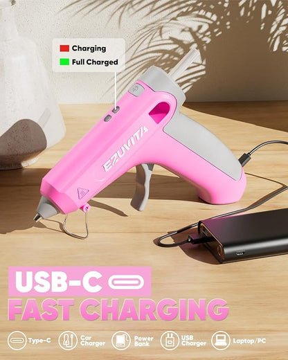 4V Pink Cordless Hot Glue Gun Kit with 30 Multi-Color Glue Gun Sticks, Fast Preheating, USB-C Rechargeable with 2600mAh Built-in Battery, Less-Drip Hot Melt Glue Gun for DIY, Crafting, Art