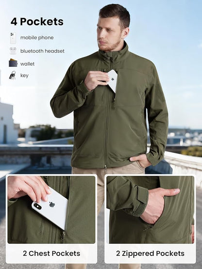 Men's Lightweight Waterproof Jacket,Tactical Rain Zip Up Softshell Jacket Windbreaker Casual for Hiking Travel Golf
