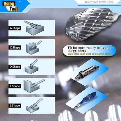 5pcs Tungsten Carbide Burrs Set with 1/4''Shank Double Cut Extended Long Solid Power Tools Carbide Rotary Files Bits for Die Grinder Metal Wood Carving Engraving Polishing Drilling Grinding Milling