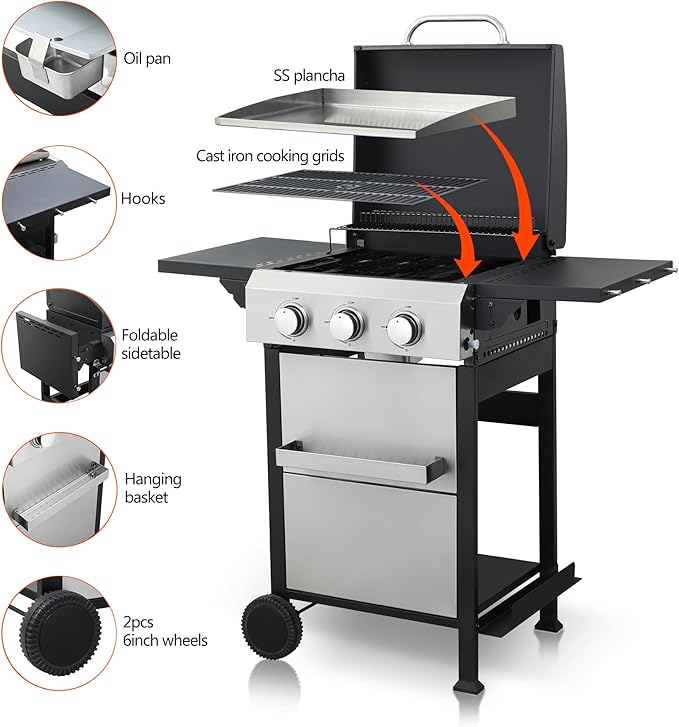 3-Burner Propane Gas BBQ Grill, SS Plancha, 36900BTU Output With Wire Enamel Cooking Grids For Outdoor Barbecue, Foldable Side Table, Hanging Basket, Stainless Steel