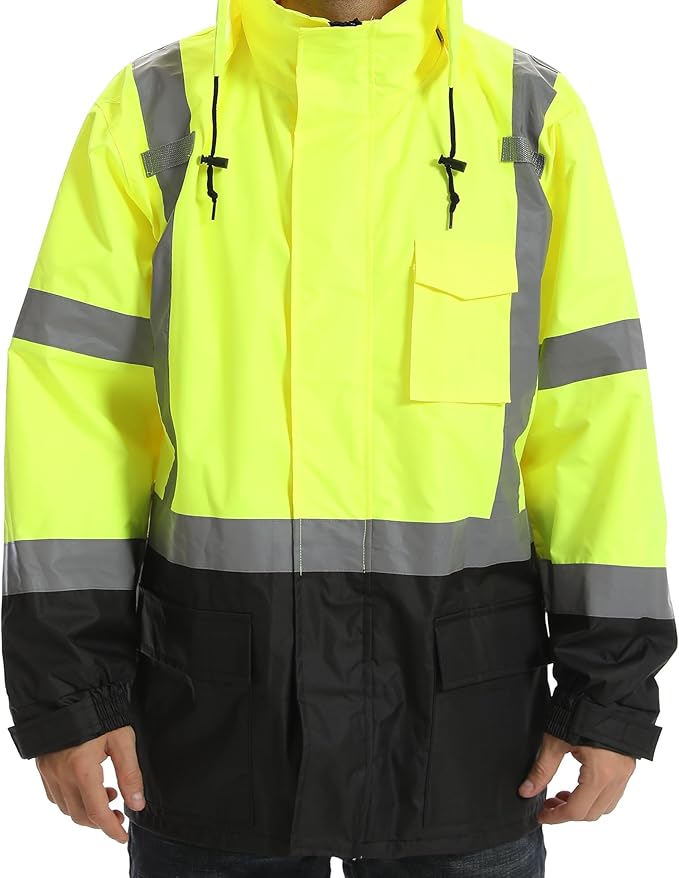 Reflective Rain jackets for men waterproof,Hi Vis Safety Coat With Reflective Strips，High Visibility Class 3 Rain jackets With 2 large pockets，Zipper,Black Bottom Lime,SM/MD