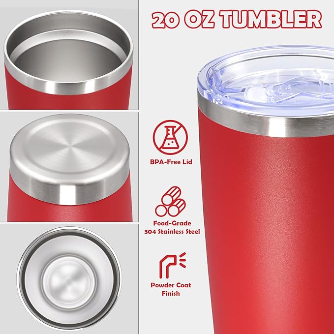 20oz Tumbler Bulk Stainless Steel Tumbler Cup with Lid Vacuum Insulated Double Wall Travel Mug, Durable Powder Coated Travel Coffee Tumbler Mug for Hot & Cold Drinks, Red,12 Pack