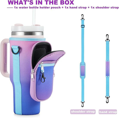 Water Bottle Carrier Bag with Phone Pocket for Stanley 40 & 30 oz Tumbler with Handle,Pink Insulated Neoprene Cup Holder Pouch w/Adjustable Strap for Quencher H2.0 Stanley Cup Accessories