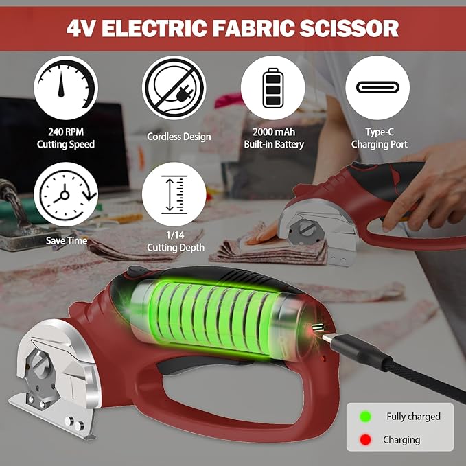 Cordless Electric Scissors, 4V Box Cutter & Cardboard Cutter with 2 Titanium Blades - Rotary Cutter with LED Light for Fabric, Leather, Carpet, Plastic, Crafting + Storage Case (Red)