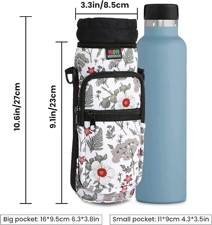 Nuovoware Water Bottle Carrier Bag,25oz/40oz/64oz Bottle Pouch Holder,Adjustable Shoulder Hand Strap 2 Pocket Sling Neoprene Sleeve Sports Accessories for Hiking Travelling Camping