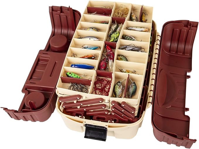 Flambeau Outdoors 2059 Hip Roof 7-Tray Fishing Tackle Box - Large Portable All-Weather Fishing Lure Organizer, 61 Compartments, Maroon/Tan