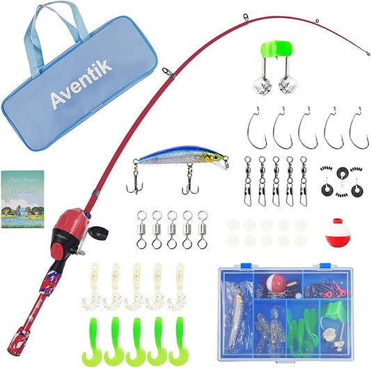 Aventik Kids Fishing Pole - Kids Fishing Starter Kit - with Tackle Box, Reel, Practice Plug, Beginner's Guide and Travel Bag for Boys, Girls