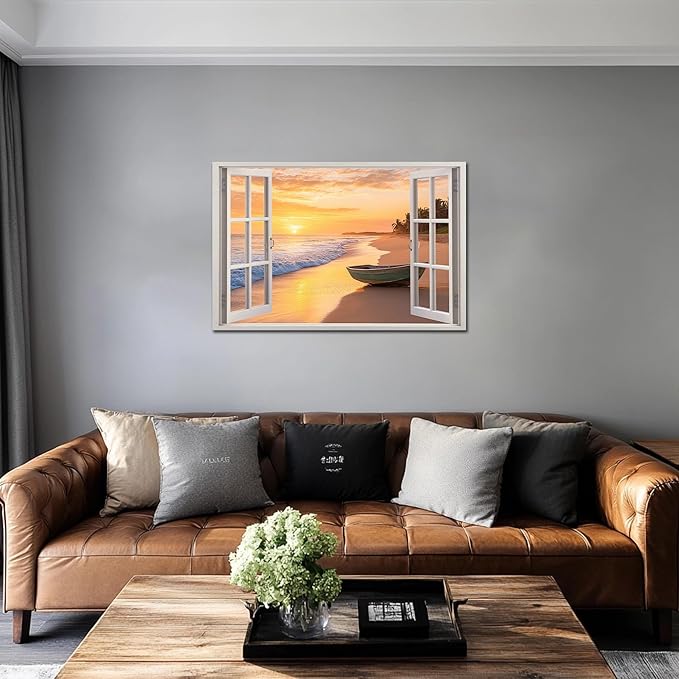 ANRUOXI Beach Wall Art, Window Frame Style Canvas Wall Decor Ocean, Sunset Sea & Tropical Palm Tree Coasts Boat Canvas, Seaside Scenery Nature Landscape Painting for Living Room Office Home 28x40 Inch