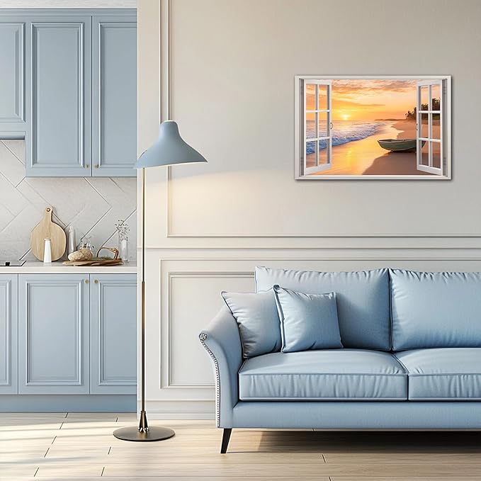 ANRUOXI Beach Wall Art, Window Frame Style Canvas Wall Decor Ocean, Sunset Sea & Tropical Palm Tree Coasts Boat Canvas, Seaside Scenery Nature Landscape Painting for Living Room Office Home 24x36 Inch