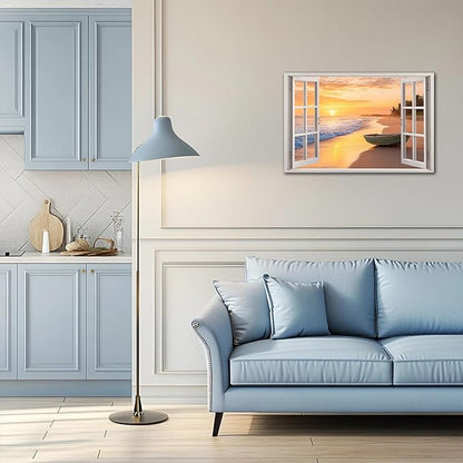 ANRUOXI Beach Wall Art, Window Frame Style Canvas Wall Decor Ocean, Sunset Sea & Tropical Palm Tree Coasts Boat Canvas, Seaside Scenery Nature Landscape Painting for Living Room Office Home 24x36 Inch