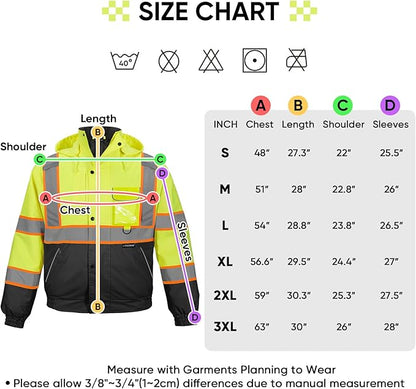 TICONN Waterproof Safety Bomber Jacket, Hi Vis Reflective Rain Jacket, ANSI Class 3 Work Rain Coat for Men Women