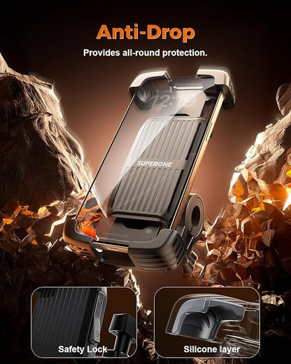 SUPERONE Bike Phone Holder, [Silicone Wrapped] [1s Lock] Motorcycle Cell Phone Holder Mount, Bicycle Scooter Handlebar Clamp for iPhone 17 16 15 Air Pro Max, S25 S24 Ultra, More 4.7-7.2" Phones