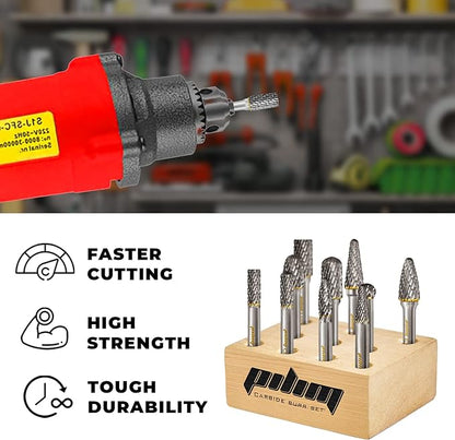 Tungsten Carbide Burr Set 1/4" Shank 10PC Double Cut Rotary Cutting Burrs Die Grinder Bits for Steel and Wood Working, Grinding, Carving, and Engraving