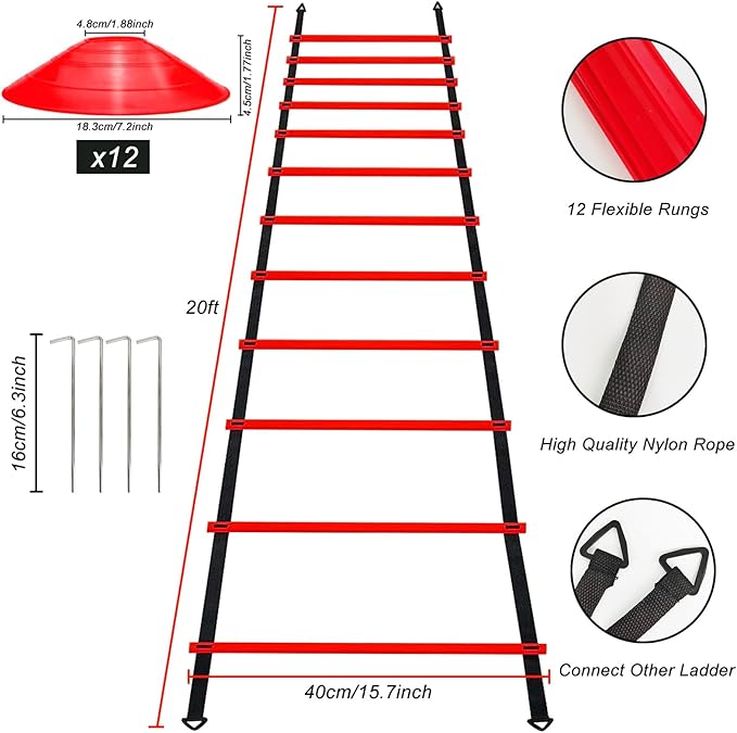 Professional Agility Ladder Speed Training Equipment Set-20ft Agility Ladder,12 Soccer Cones, 4 Agility Hurdles, Running Parachute, Suitable for Soccer Football Basketball Training