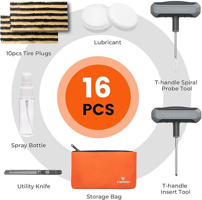 ETENWOLF Flat Tire Repair Kit with Plugs 16 Pcs, Heavy Duty Tire Plug Kit for Car, Motorcycle, ATV, Jeep, Truck, Tractor (Grey)