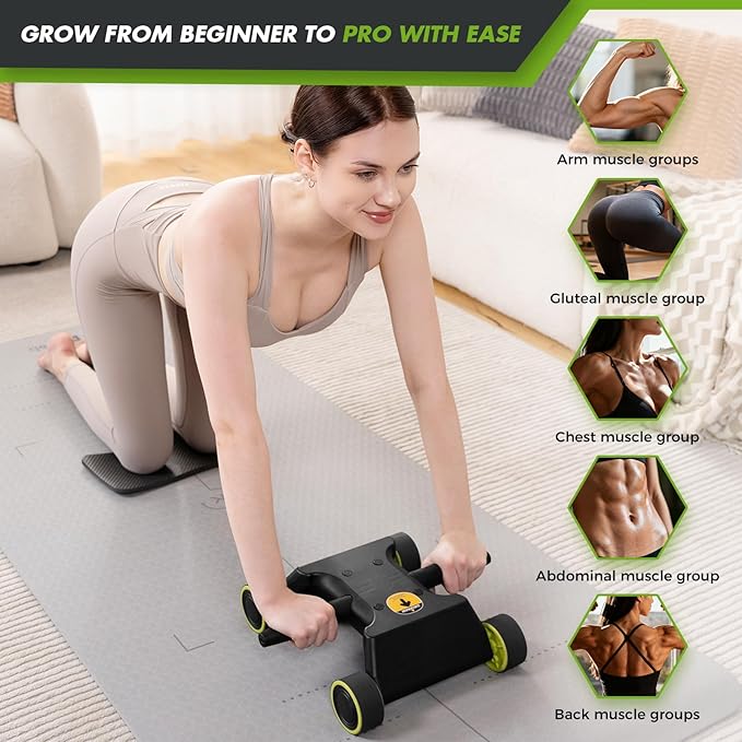 Ab Roller with Elbow Support, Ab Roller Board Core Workout Machine with 4 Wheels, Mini Pilates Reformer Equipment for Home Gym, Abdominal Full-Body Strength Exercise Trainer with Knee Pad