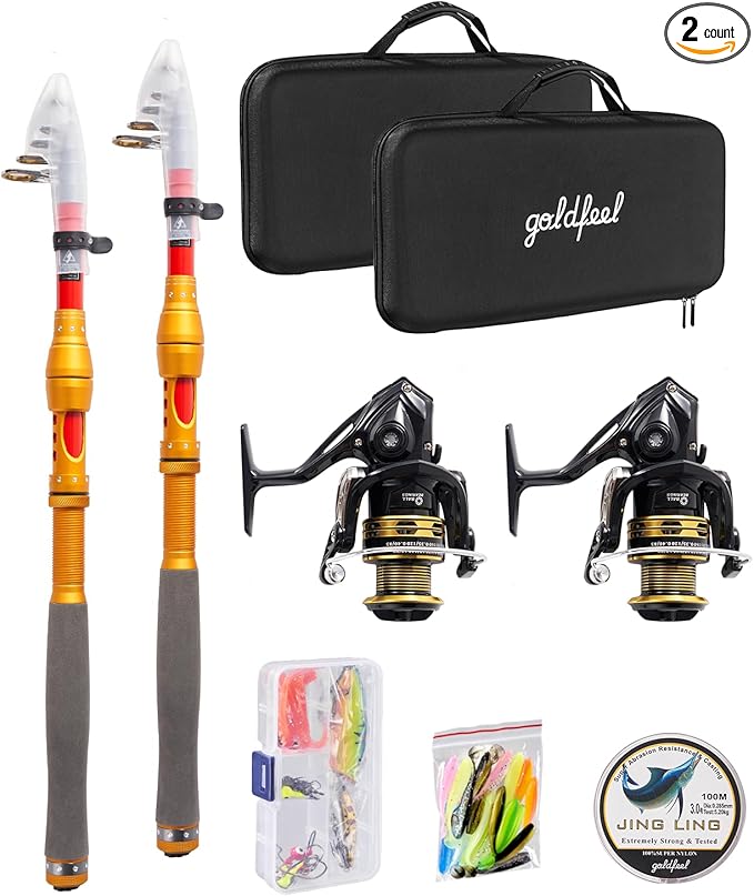 GOLDFEEL 6.9 Ft Carbon Fiber Fishing Rod and Reel Combo - Medium Power Fast Action Spinning Rod with Pre-Spooled Reel, Portable Travel Case for Saltwater Freshwater Fishing
