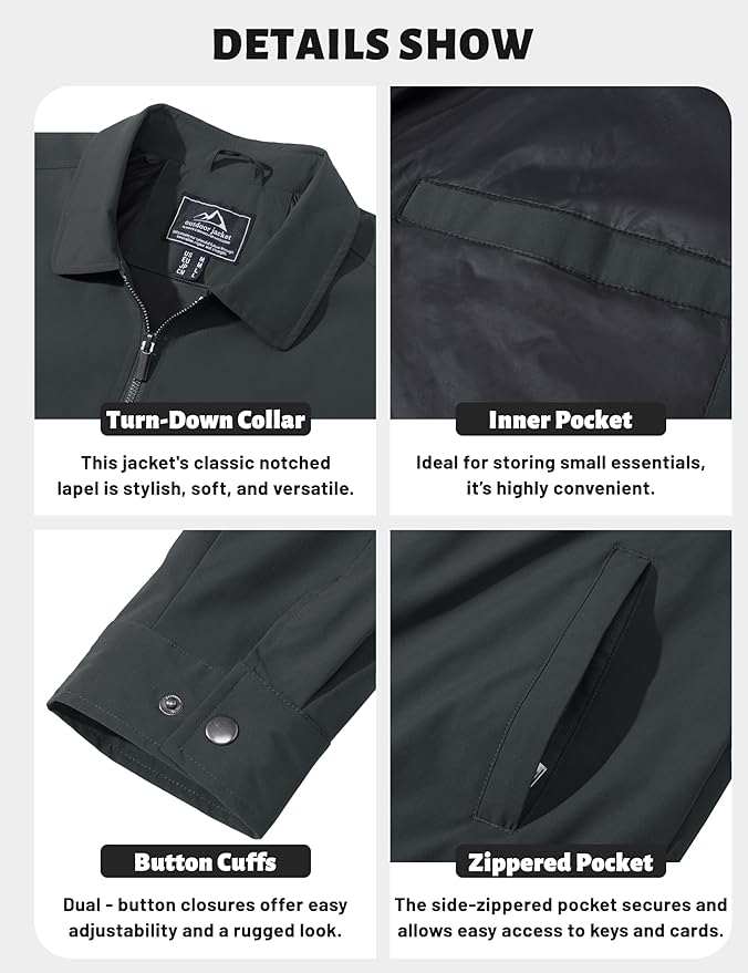 TACVASEN Mens Lightweight Windbreaker Full Zip Up Laydown Collar Jackets Light Casual Coat with Zip Pockets