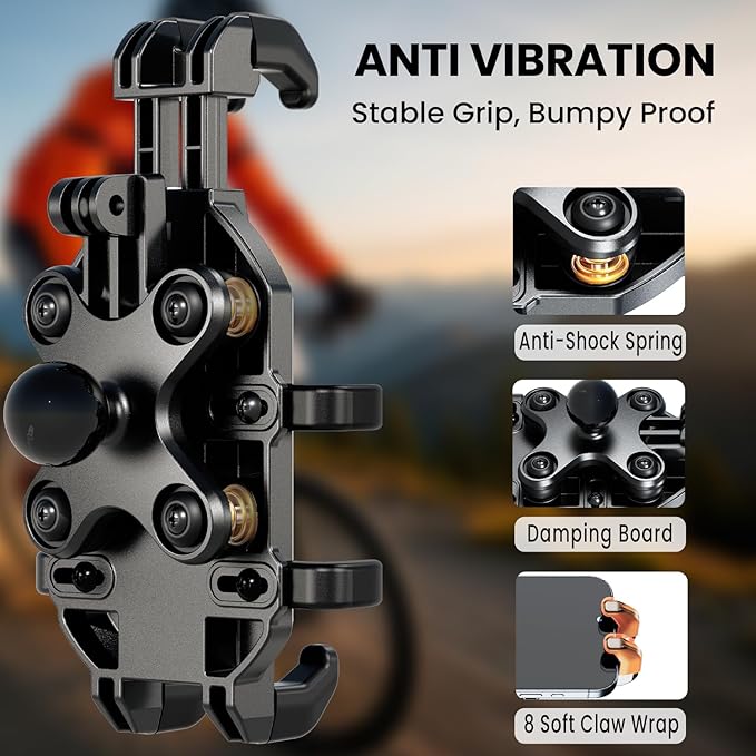 Motorcycle Phone Mount Holder with Vibration Dampener Anti-Shake 720° Adjustable for iPhone 16 Pro Max for Samsung 5.4''-6.9'' Phone Anti-Theft Dirt Bikes(U Shape Base 0.6-1.1" Handlebar)