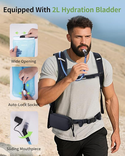 ECOHUB Hydration Backpack for Men Women, 20L Lightweight Hiking Daypack Cycling Backpack with 2L Water Bladder, Insulated Hydration Pack with Waist Pack