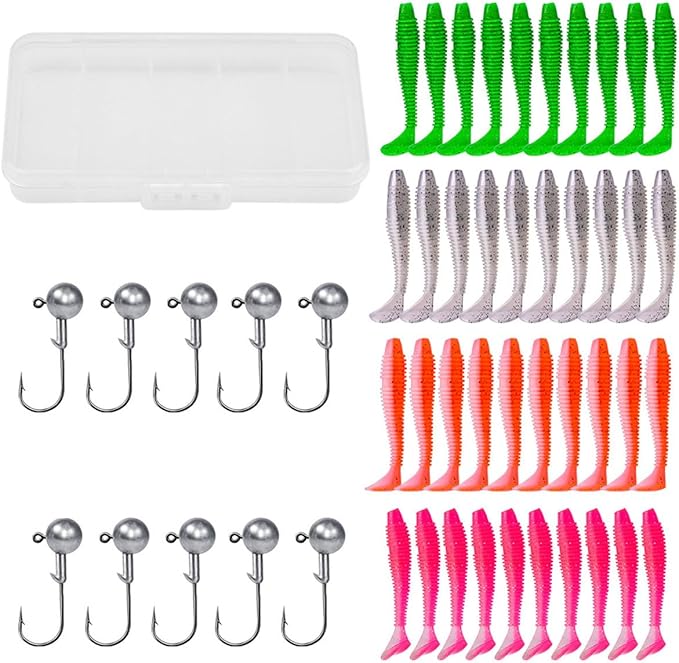 Paddle Tail Swimbaits Lures, 40 Pcs 2.36 Inch Soft Plastic Fishing Lures and 10 Pcs Fishhooks with Box, Bass Fishing Lure Swim Baits with 4 Color, for Trout, Crappie, Bass, Freshwater, Saltwater