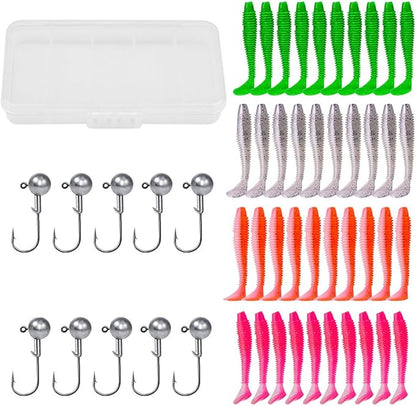 Paddle Tail Swimbaits Lures, 40 Pcs 2.36 Inch Soft Plastic Fishing Lures and 10 Pcs Fishhooks with Box, Bass Fishing Lure Swim Baits with 4 Color, for Trout, Crappie, Bass, Freshwater, Saltwater