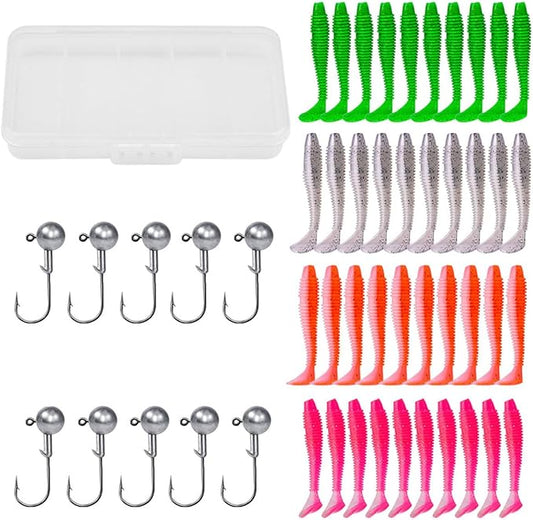 Paddle Tail Swimbaits Lures, 40 Pcs 2.36 Inch Soft Plastic Fishing Lures and 10 Pcs Fishhooks with Box, Bass Fishing Lure Swim Baits with 4 Color, for Trout, Crappie, Bass, Freshwater, Saltwater