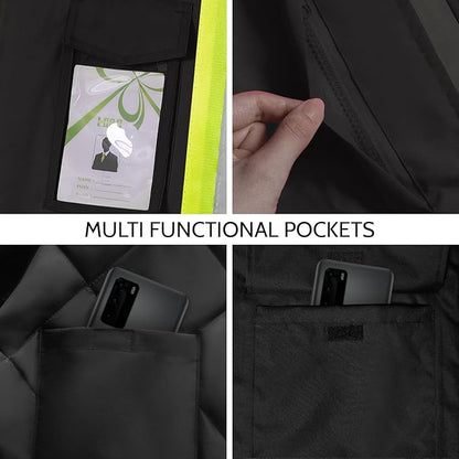 Safety Jackets for Men, Reflective Jacket with Pockets for Men& Women, Construction Coats for Winter Cold Weather, Waterproof High Vis Rain Gear, Class 3 Black with Bottom Long, M