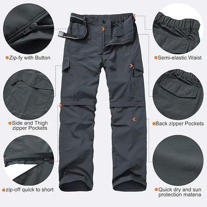 Mens Hiking Pants Quick Dry Lightweight Fishing Convertible Zip Off Safari Trousers