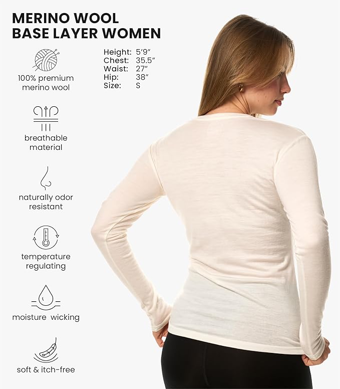 Merino Wool Base Layer Women - 100% Merino Wool Shirt Women Thermal Underwear Long Sleeve T-Shirt for Hiking