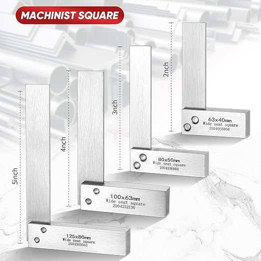 Frienda Machinist Square Set, 2", 3", 4" and 5" Squares Machinist Engineer Steel Benchmark Measure Tools High Precision 90 Degree Wide Base Tool L-Type Testing Measuring Tool