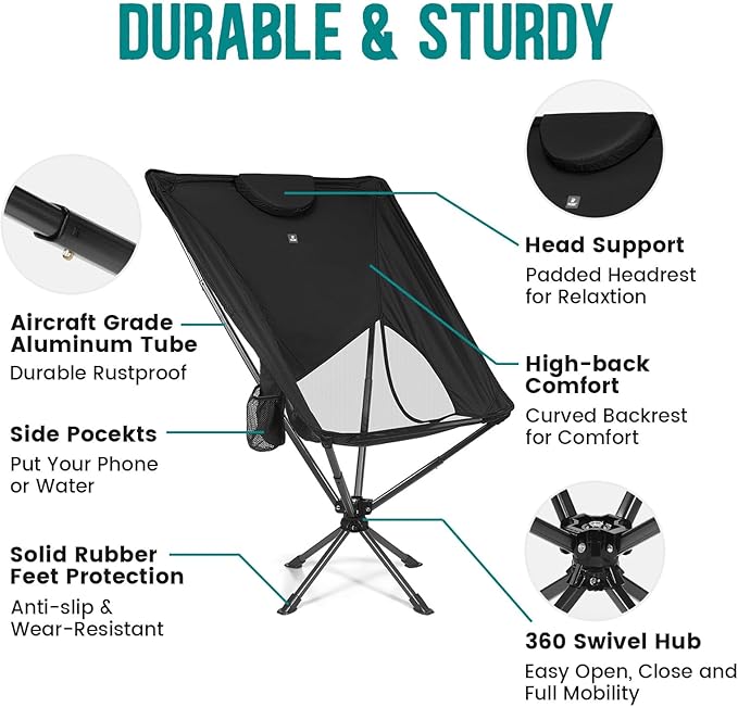 Swivel Portable High Back Camping Chair Small Compact Lightweight Folding Chairs for Adults, Outdoor Collapsible Backpack Chair for Camp, Travel, Sports, Easy Carry and Quick Setup