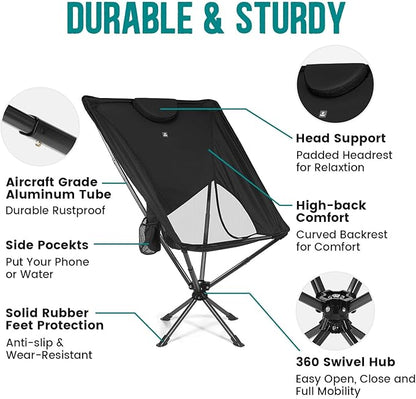 Swivel Portable High Back Camping Chair Small Compact Lightweight Folding Chairs for Adults, Outdoor Collapsible Backpack Chair for Camp, Travel, Sports, Easy Carry and Quick Setup