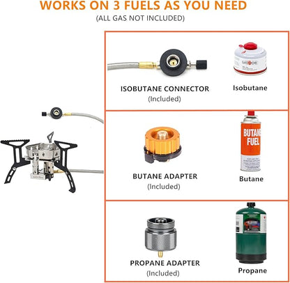 ONLYFIRE 3 Fuel Backpacking Stove with Propane & Butane Adapter, Portable Camping Gas Stove, Mini Camp Stove with Piezo Ignition & Carry Bag for Outdoor Cooking Picnic Camping Hiking GS334