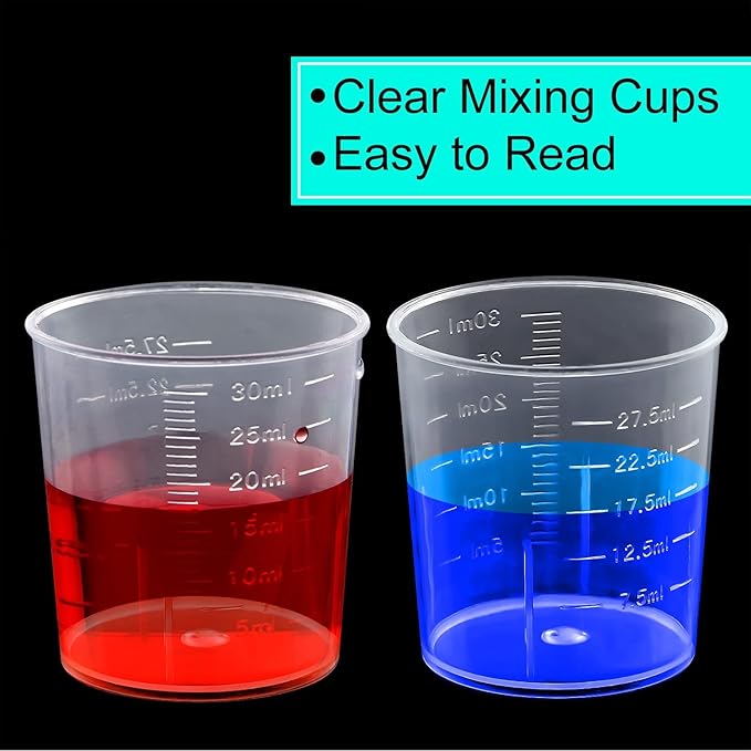 100 Pack 30ml/1oz Transparent Measuring Cups Reusable Clear Plastic Graduated Epoxy Mixing Cups with 100 Pack Wooden Stirring Sticks for Liquids Resin, Epoxy, Stain, Mixing Paint, School Labs
