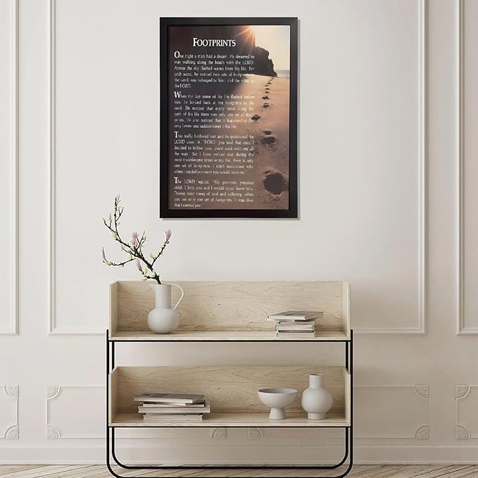 Footprints in the Sand Religious Canvas Wall Art Posters, Inspirational Beach Sunset Poem Print Poster (Black Framed 24x36inch, Footprints(7))