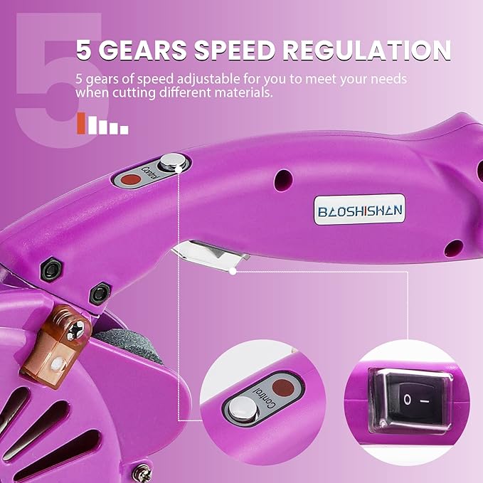 BAOSHISHAN Electric Fabric Rotary Cutter Heavy Duty Speed Adjustable Fabric Scissors Round Blade Cutting Machine for Multilayer Fabric Leather Cloth Carpet (100mm Plug-in Purple)